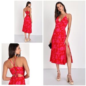Lulus Vibrant Moment Dress Women's M Pink Red Floral Pleated Lace Up Midi NWT